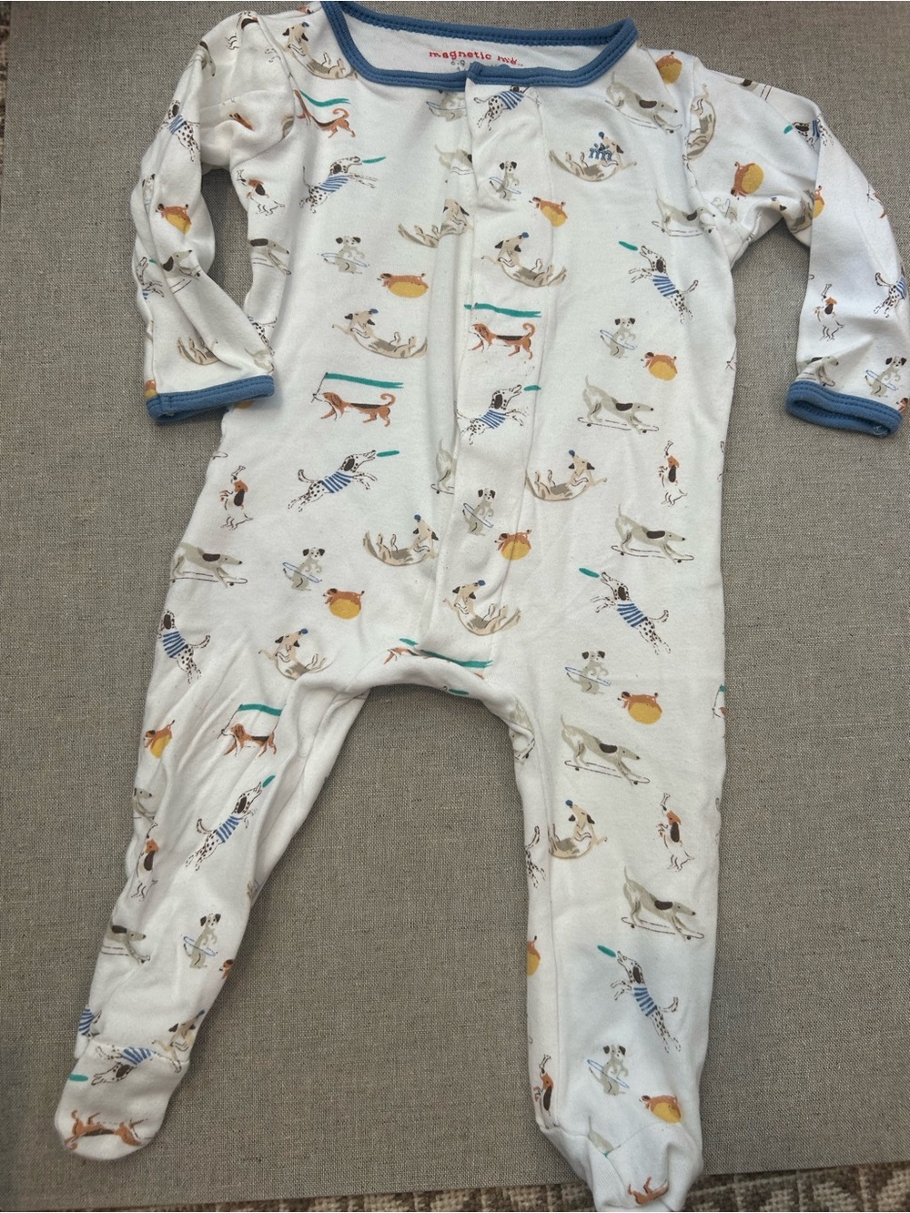 Magnetic Me White Footed One-Piece with Beach Dog Print and Blue Trim